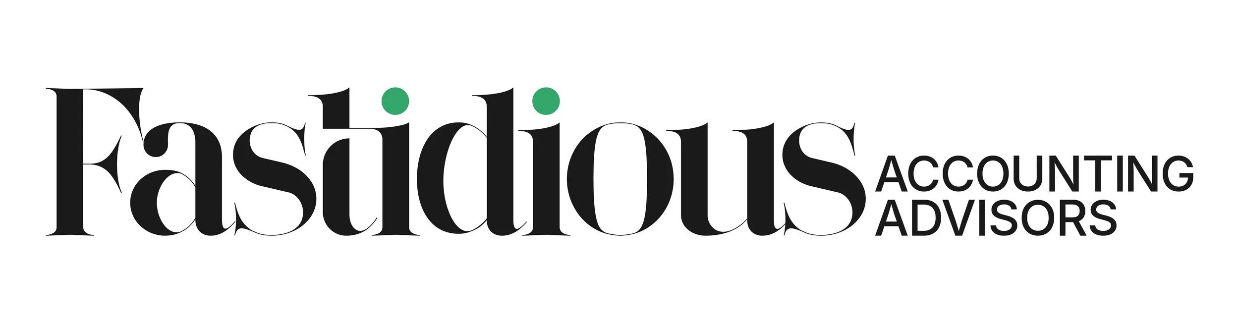 Logo for Fasidious Accounting Advisors with the word 'Fasidious' in large black letters and green dots on the 'i's, and 'Accounting Advisors' written in smaller black letters to the right.