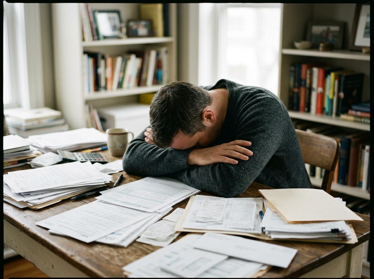 Man sitting at a cluttered desk with papers and folders, resting his head on his arms in frustration or exhaustion in a room with bookshelves.