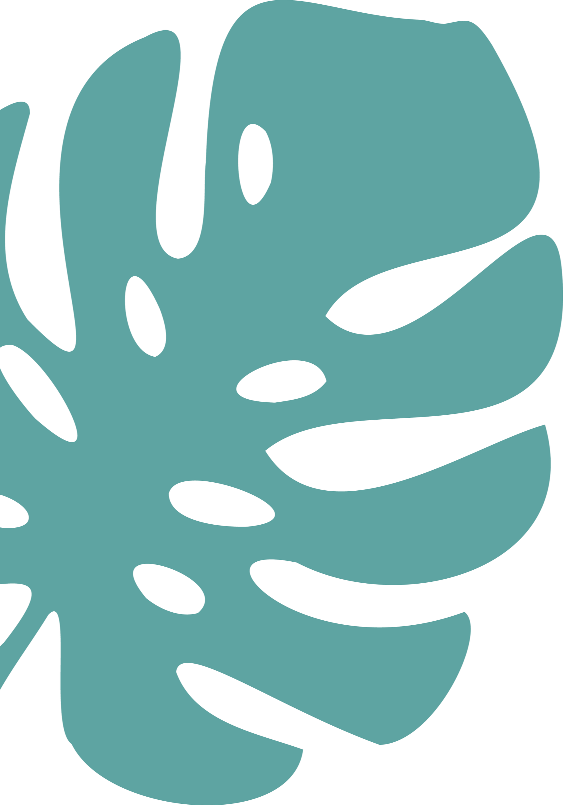 A stylized illustration of a monstera leaf in teal with black accents.