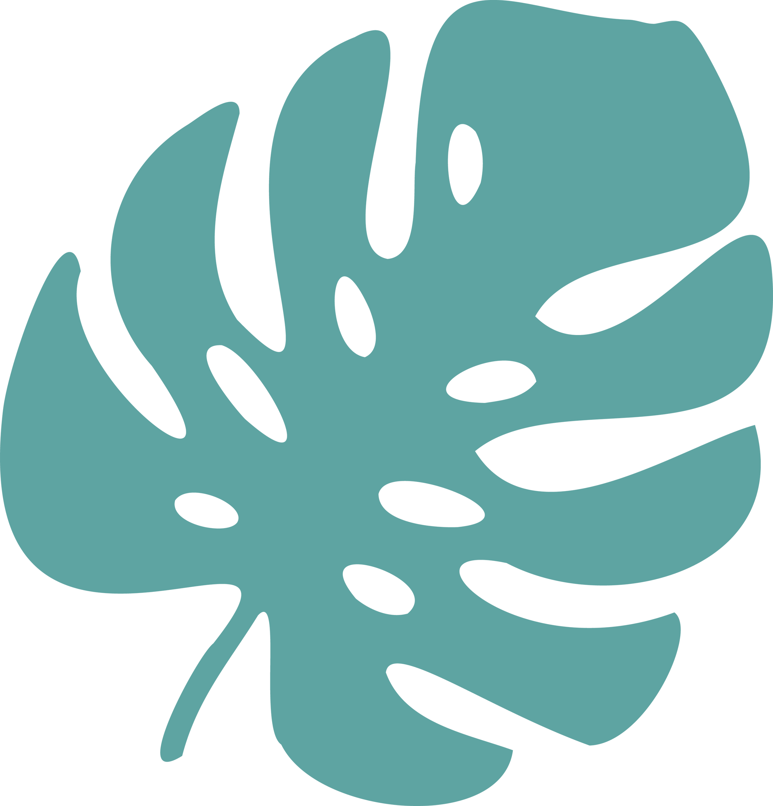 A stylized illustration of a large, tropical monstera leaf in teal color with black background.