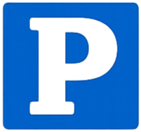 Blue square background with a large green letter 'P' and a stylized blue and green horizontal line beneath it.
