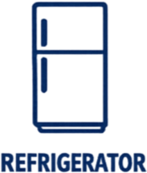 A navy blue refrigerator with a top freezer and a bottom fridge door, accompanied by the word 'REFRIGERATOR' beneath it.