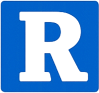 Blue letter R with a stylized design on a blue background