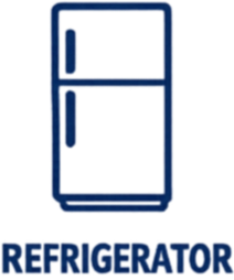 Outline drawing of a two-door refrigerator with the word 'Refrigerator' underneath.
