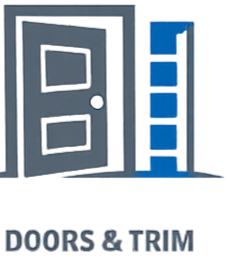 An open black door with a white doorknob next to a blue shelving unit with four boxes.