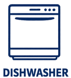 Outline illustration of a dishwasher with the word 'DISHWASHER' written below.