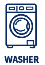 Outline drawing of a washing machine with the word 'WASHER' below it.