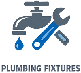 Illustration of plumbing fixtures including a faucet, wrench, and pipe with water drop, with the text 'Plumbing Fixtures' at the bottom.