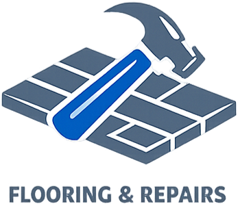 A hammer and a measuring tape placed on a solar panel with the text "FLOORING & REPAIRS" below.