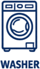 An illustration of a washing machine with the word 'WASHER' below it.