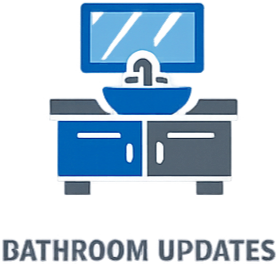 Bathroom sink with a mirror above it, and cabinets underneath, with text reading 'Bathroom Updates' at the bottom.