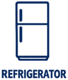 Outline of a refrigerator with a door handle on the left side and shelves inside, accompanied by the word 'REFRIGERATOR' below.