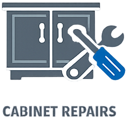 Tools including a wrench, screwdriver, and pliers in front of cabinet doors with text 'Cabinet Repairs' below.