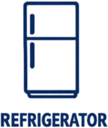 Icon of a blue refrigerator with a top freezer and bottom fridge compartment, with the word 'Refrigerator' below.