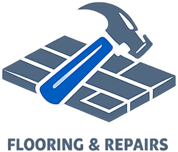 Illustration of a hammer and a solar floor tile with the text 'Flooring & Repairs' below.