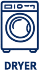 Illustration of a washing machine with the word 'DRYER' beneath it, indicating laundry appliances.