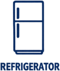 Digital illustration of a refrigerator with a blue body and a water dispenser on the door.