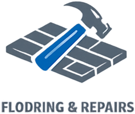 Logo for flooding and repairs featuring a hammer, a crowbar, and concrete blocks.