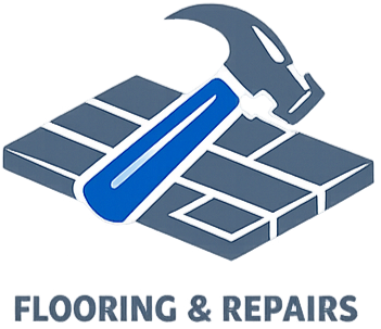 A hammer being used to install a tile on a flooring with the text 'Flooring & Repairs' underneath.