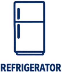 Blue refrigerator with the word 'Refrigerator' written at the bottom.