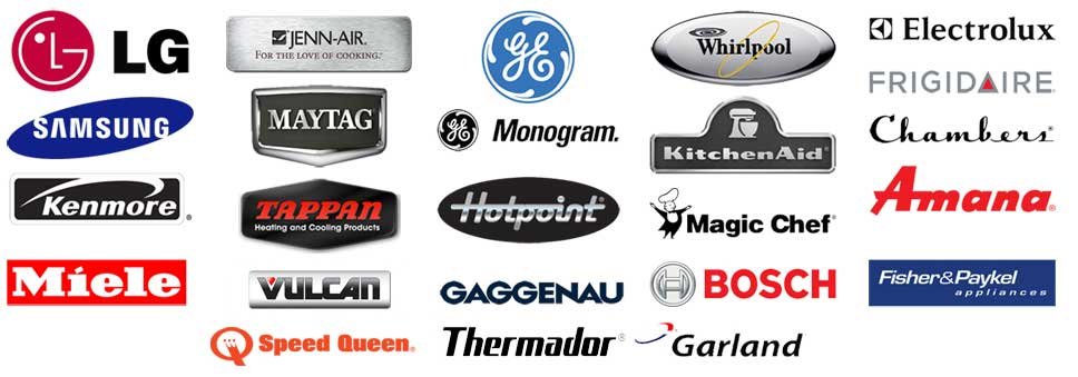 Collection of various appliance brand logos, including LG, Samsung, Kenmore, Miele, Speed Queen, GE, Whirlpool, Electrolux, Frigidaire, Maytag, Monogram, KitchenAid, Amana, Vulcan, Gaggenau, Bosch, Fisher & Paykel, Tappan, Hotpoint, Magic Chef, Thermador, Garland, and others.
