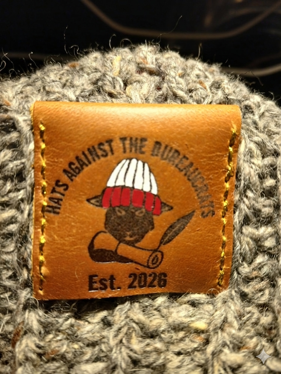 A leather patch with an illustration of a sheep wearing a red and white hat, holding a staff, embroidered on a gray knitted fabric. The patch has the text "Hats Against the Rubberies" and "Est. 2026."