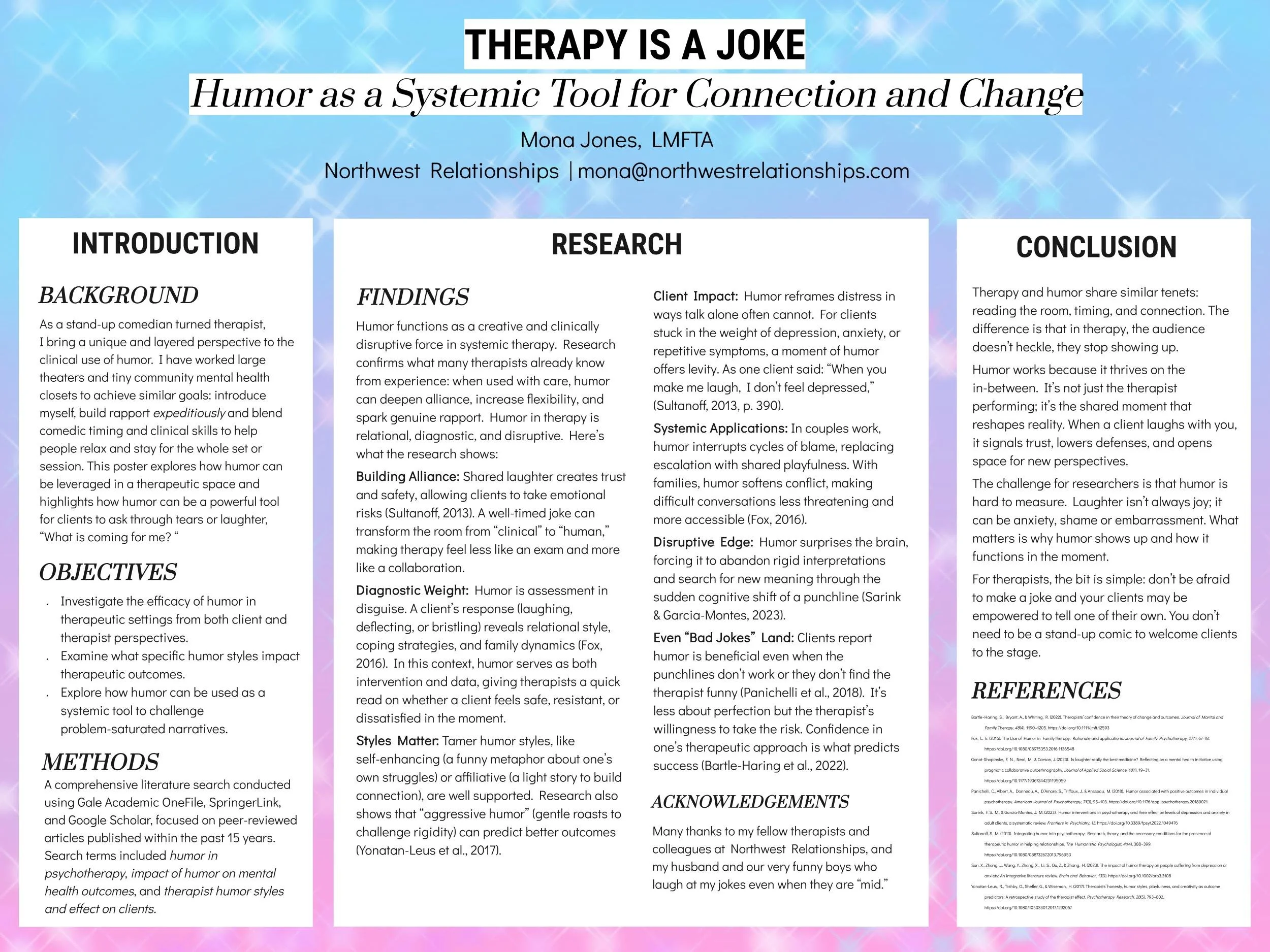 Poster presentation graphic of “Therapy is a Joke: Humor as a Systemic Tool for Connection and Change”