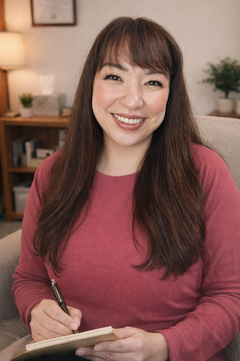 A smiling woman with long brown hair sitting on a beige couch and holding a pen and notebook in a living room.