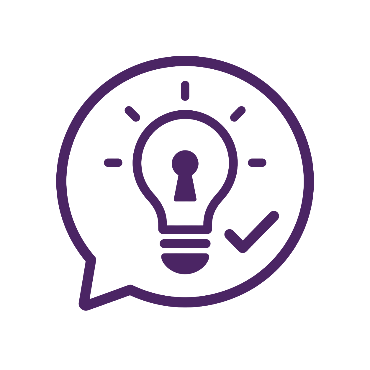 Dark purple icon of a speech bubble with a lightbulb and check mark inside