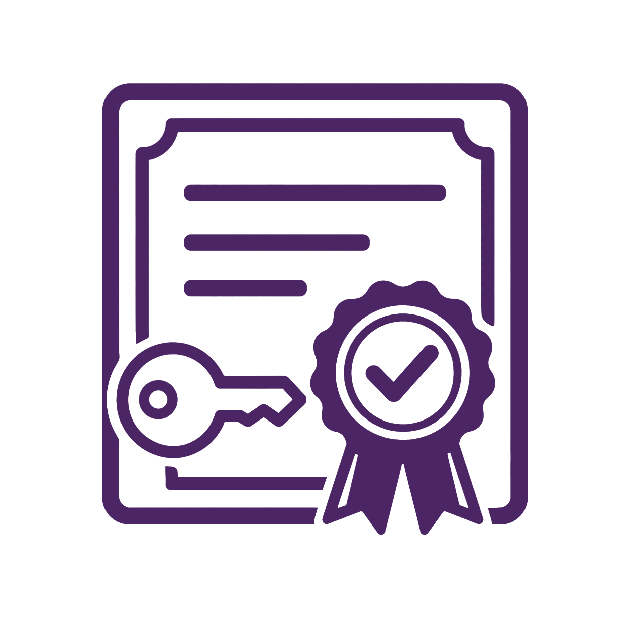 Outline of a certificate with a ribbon, a seal with a check mark, a key symbol, and lines of text, all in purple.