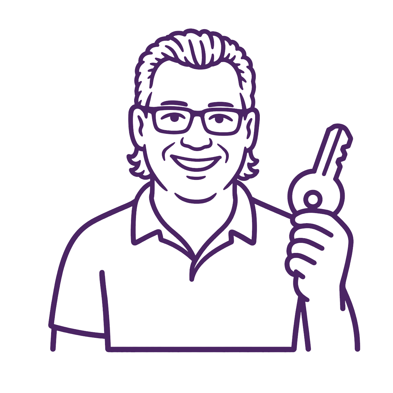 A line drawing of a smiling man wearing glasses holding a house key in his hand.
