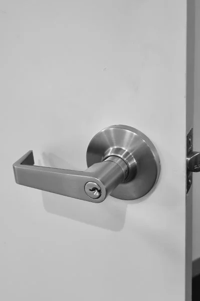 Close-up of a metallic door handle with a round base on a white door.