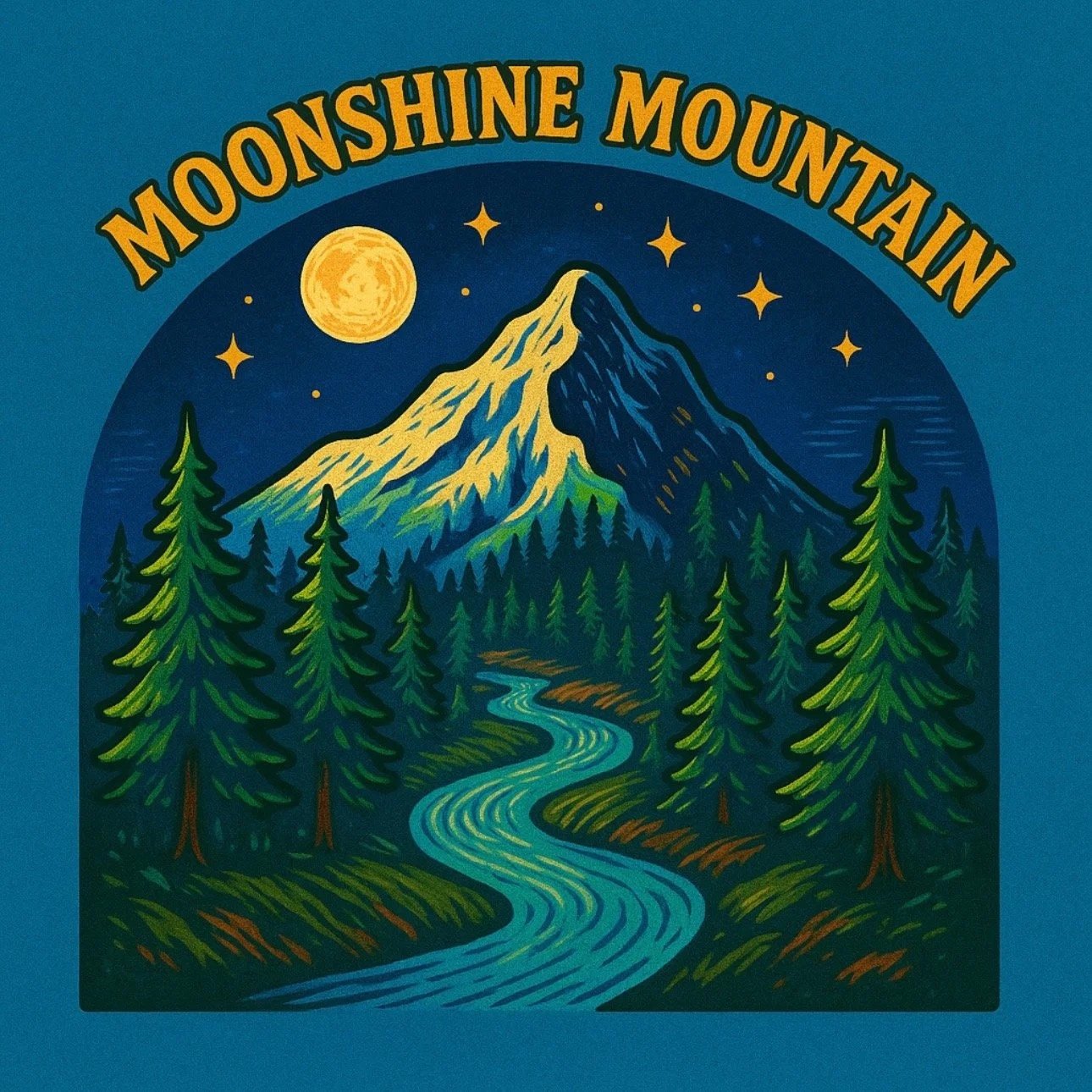 Illustration of a mountain with a moon and stars in the night sky, surrounded by evergreen trees, a winding river in the foreground, and the text 'Moonshine Mountain' at the top. Moonshine Mountain Apparel Logo