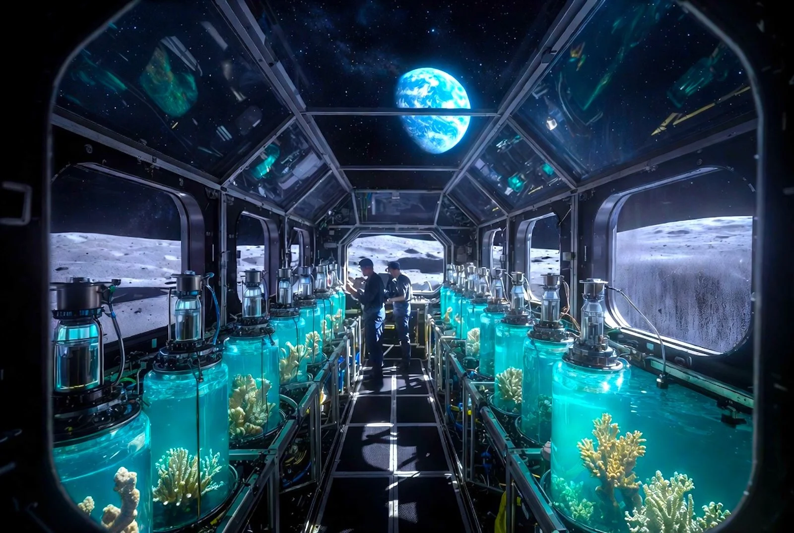 Interior of lunar bioware wetlab module showing coral cultivation tanks – ExoSci