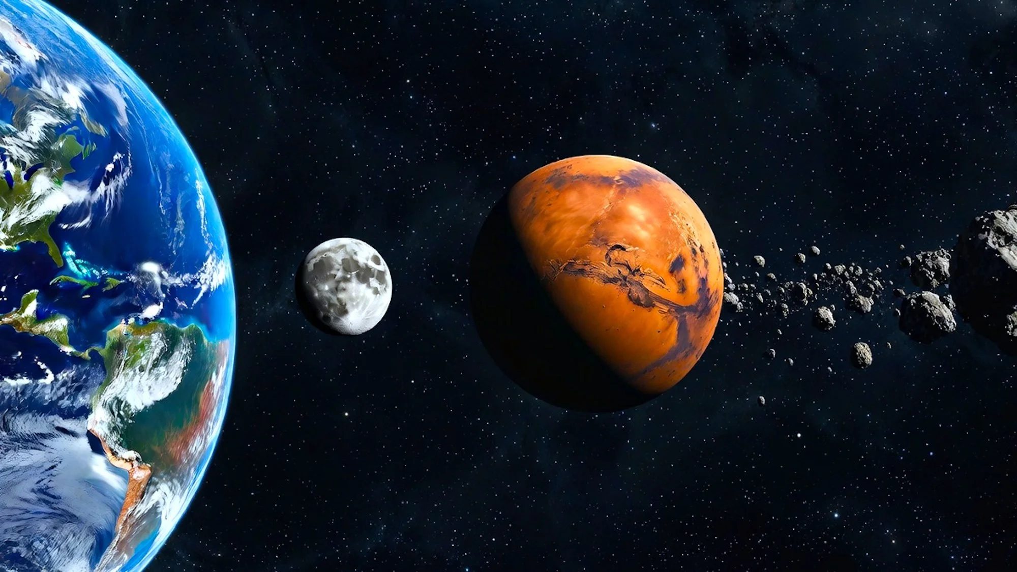 Panoramic view of Earth, Moon, Mars, and asteroid belt in space – representing ExoSci adapting science and expertise from Earth to offworld sustainable human settlements