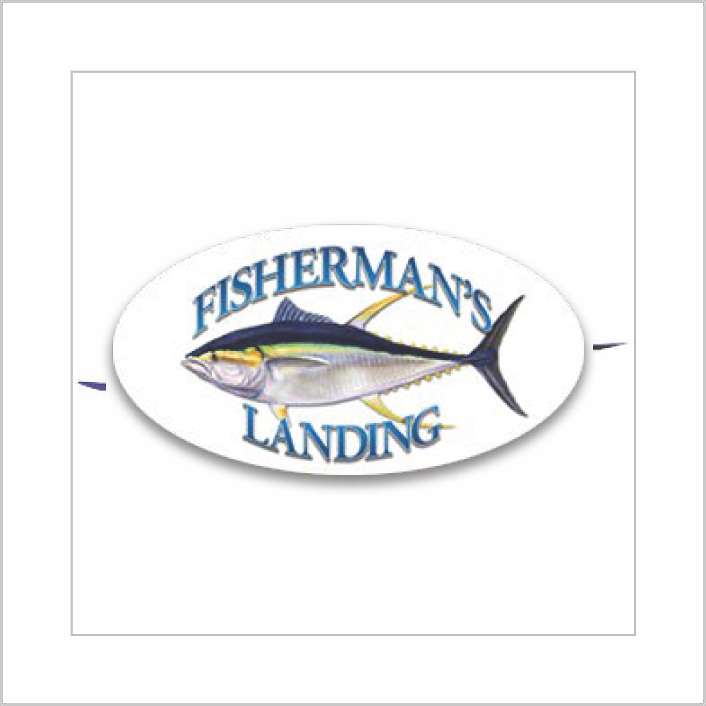 Fisherman's Landing logo with a fish illustration and blue text.