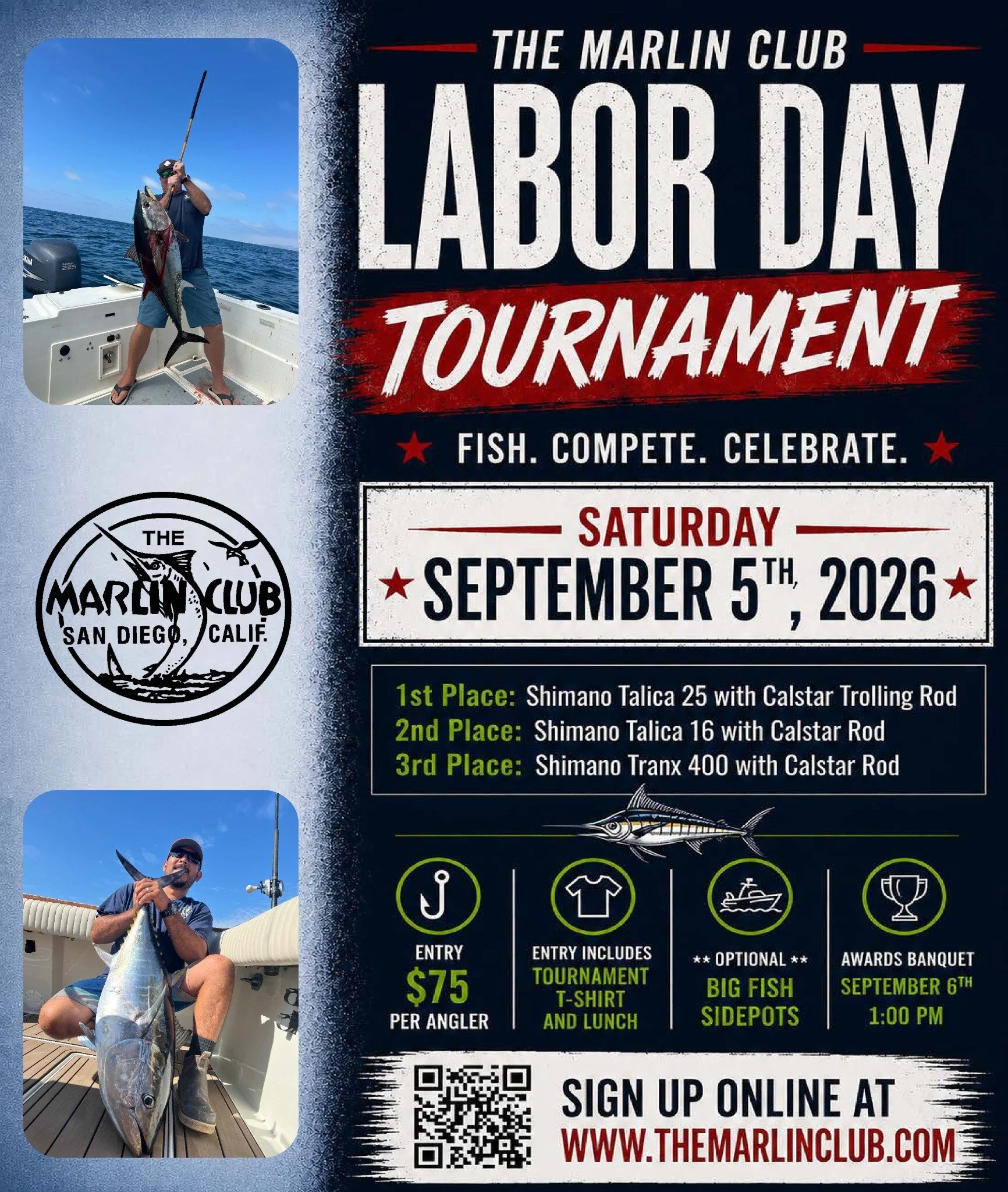 A man on a boat holding a large fish he caught, wearing sunglasses and casual shorts, with a clear blue sky and ocean in the background.