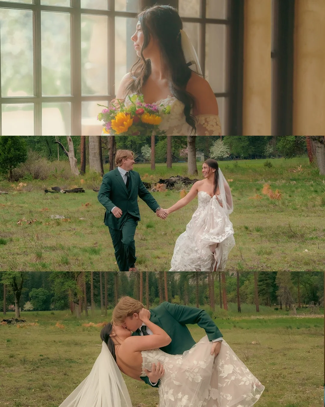 A wedding photo collage with three images: the first shows a woman with dark hair holding a bouquet of flowers by a window, the second depicts a bride and groom holding hands and walking outdoors in a wooded area, and the third captures the groom dip