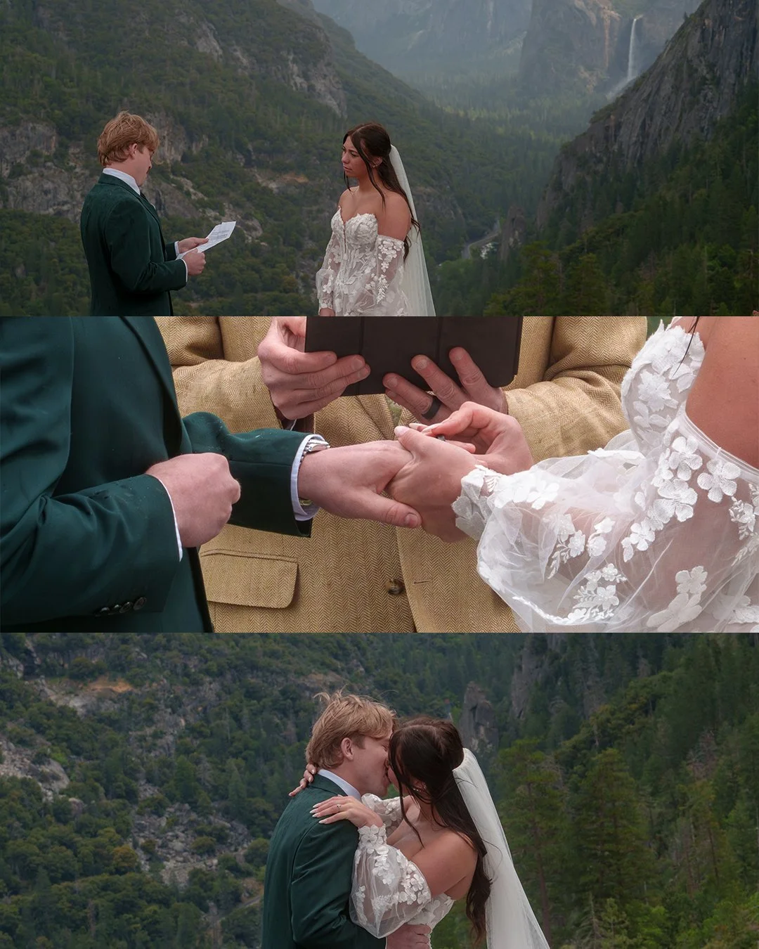 A wedding ceremony taking place outdoors in a mountainous area with a scenic view of trees, cliffs, and waterfalls. The bride and groom are exchanging vows, holding hands, and sharing a kiss.