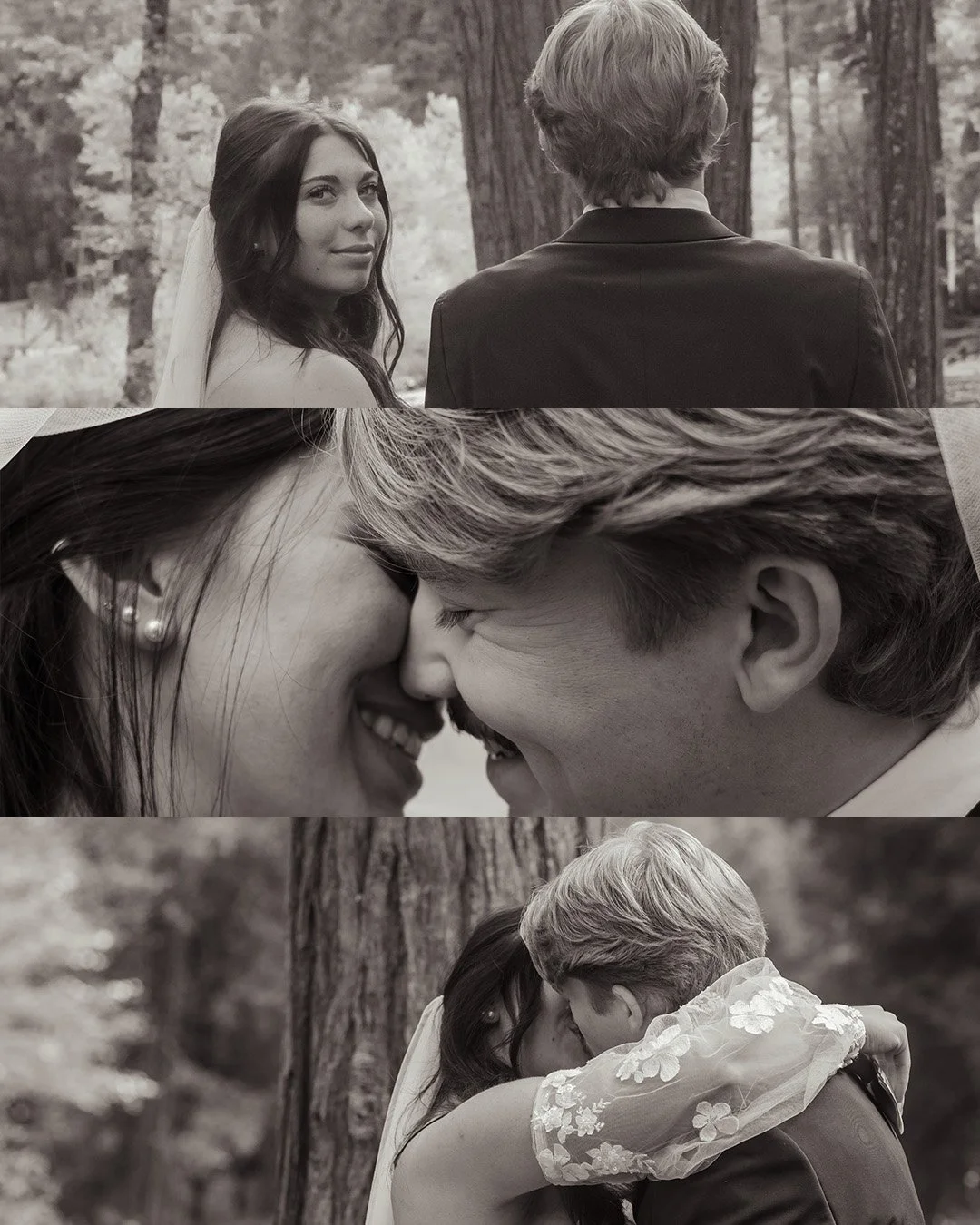 A black-and-white wedding photo collage of a couple in a forest setting, including a portrait of a woman in a veil looking at the camera, a close-up of a couple smiling and touching foreheads, and a couple kissing in front of a large tree.