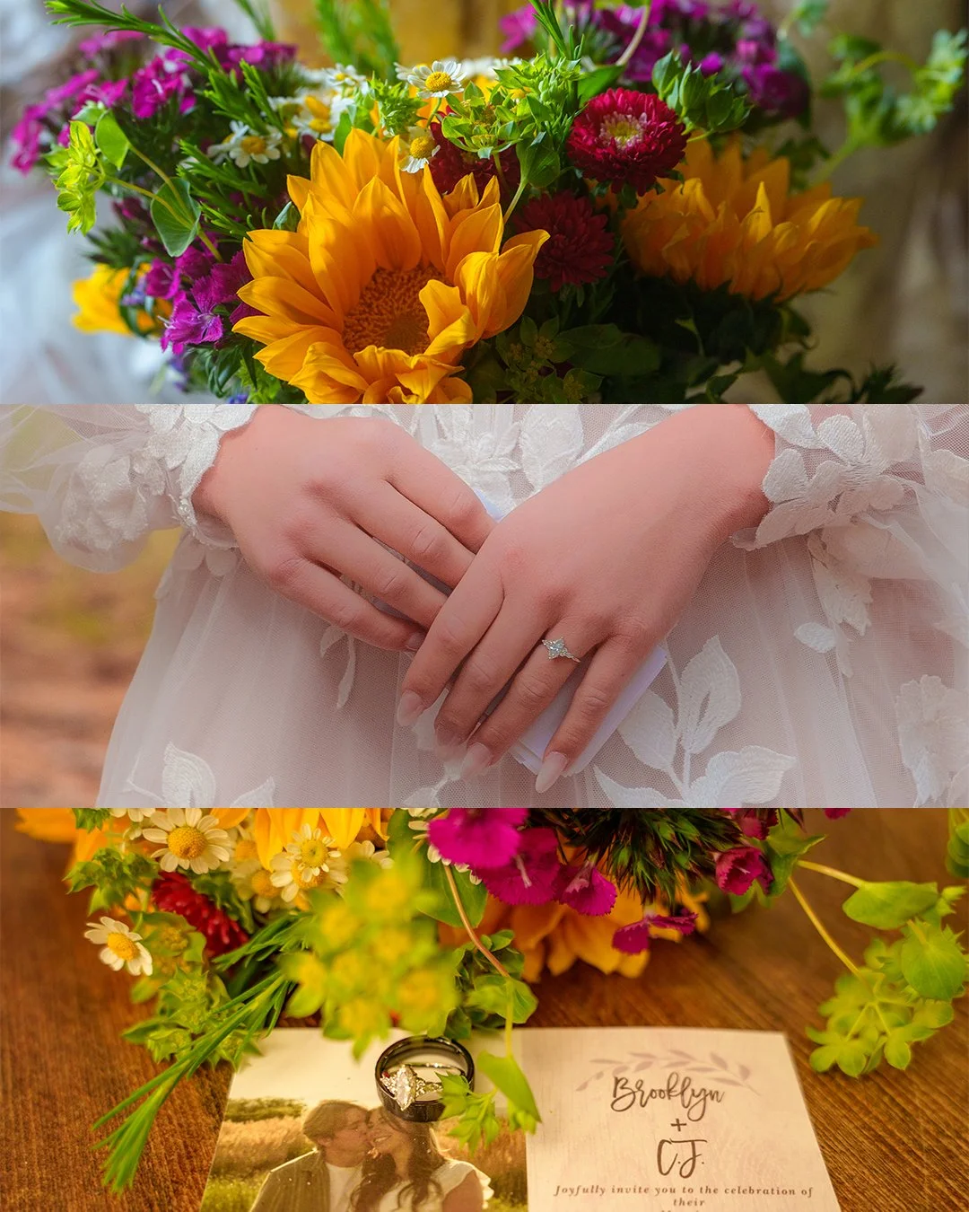 A colorful bouquet of flowers including sunflowers, daisies, pink and red blooms, and greenery, with a close-up of a woman’s hands displaying an engagement ring, and a wedding invitation with a photograph of a couple, surrounded by yellow, pink, and 