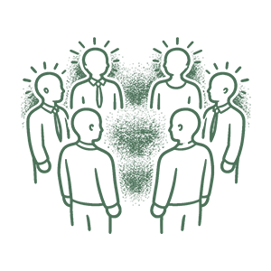 six people standing in a circle with dotted lines connecting their heads, indicating communication or connection.