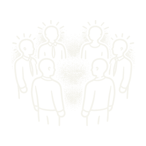 An illustration of six people standing in a circle, each with a light bulb above their head, symbolizing ideas or creativity.