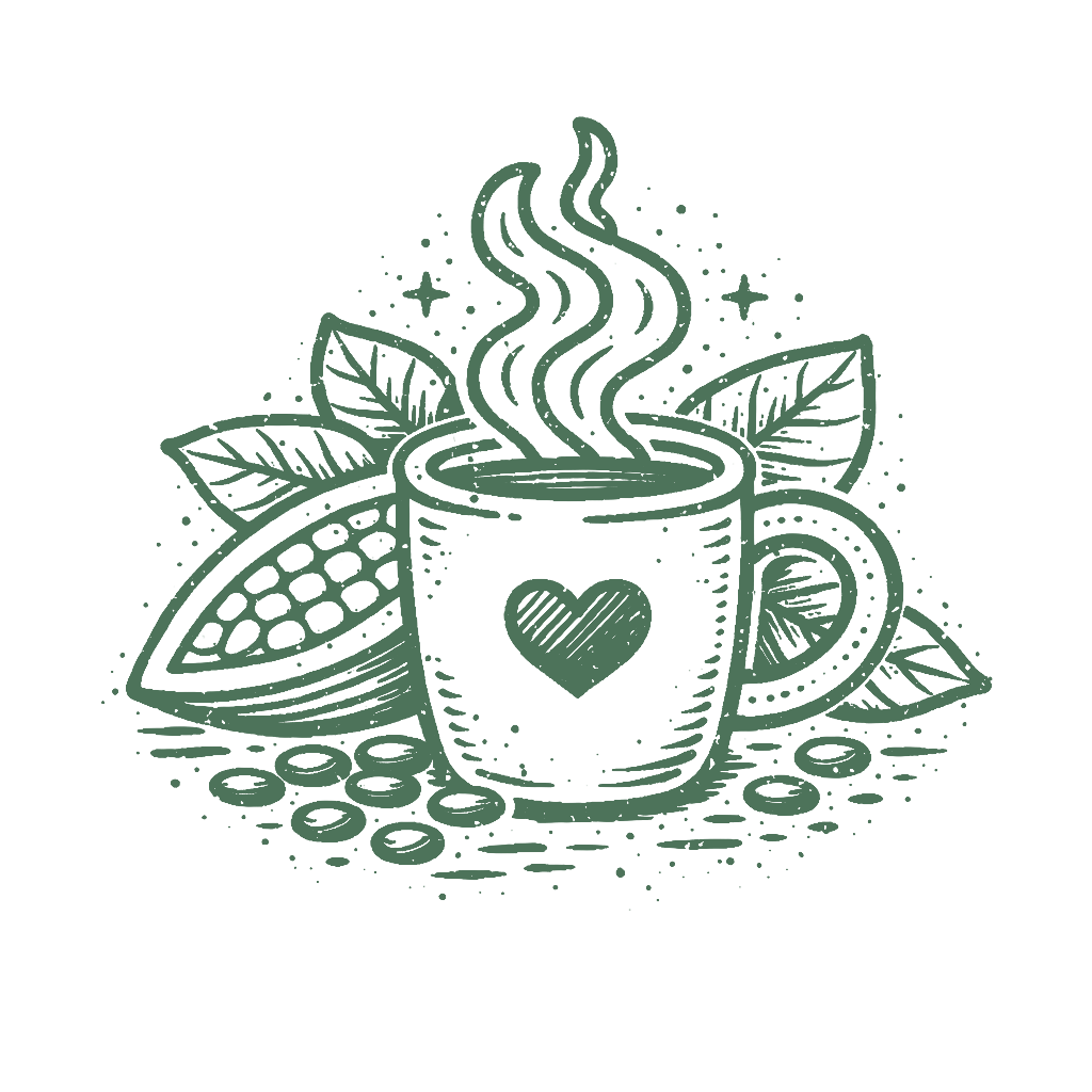 A drawing of a steaming cup of cacao with a heart on it, surrounded by cacao pods, with stars and dots around.