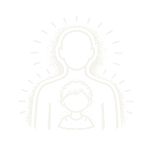 Silhouette of an adult with a child in front, surrounded by radiant lines