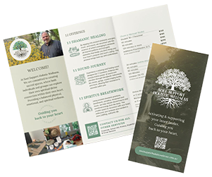 Brochure displaying information about spiritual healing, soul recovery, and holistic wellness, with images of a tree and a person meditating.