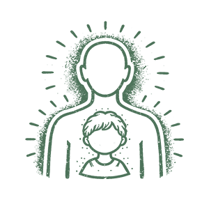 Outline of a person with a child in front, surrounded by radiant lines, symbolizing care or protection.