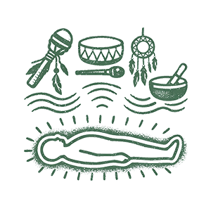 Illustration of indigenous symbols including feathers, a drum, a dreamcatcher, a bowl, and a figure lying down, all representing native culture.