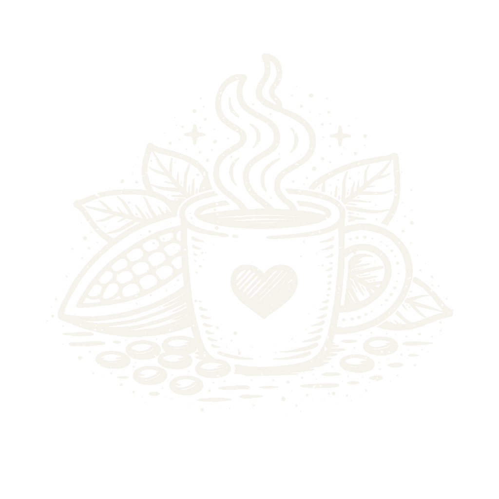 Illustration of a steaming coffee mug with a heart on it, surrounded by leaves, berries, and slices of citrus fruit, all rendered in a chalk-like white on black background.