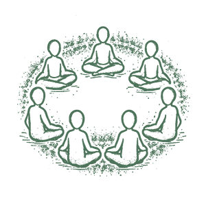 Six stylized figures sitting cross-legged in a circle, practicing meditation or mindfulness.